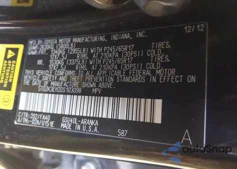 2013 Toyota Highlander Base Plus V6 from USA, damaged, VIN 5TDZK3EH2DS103098